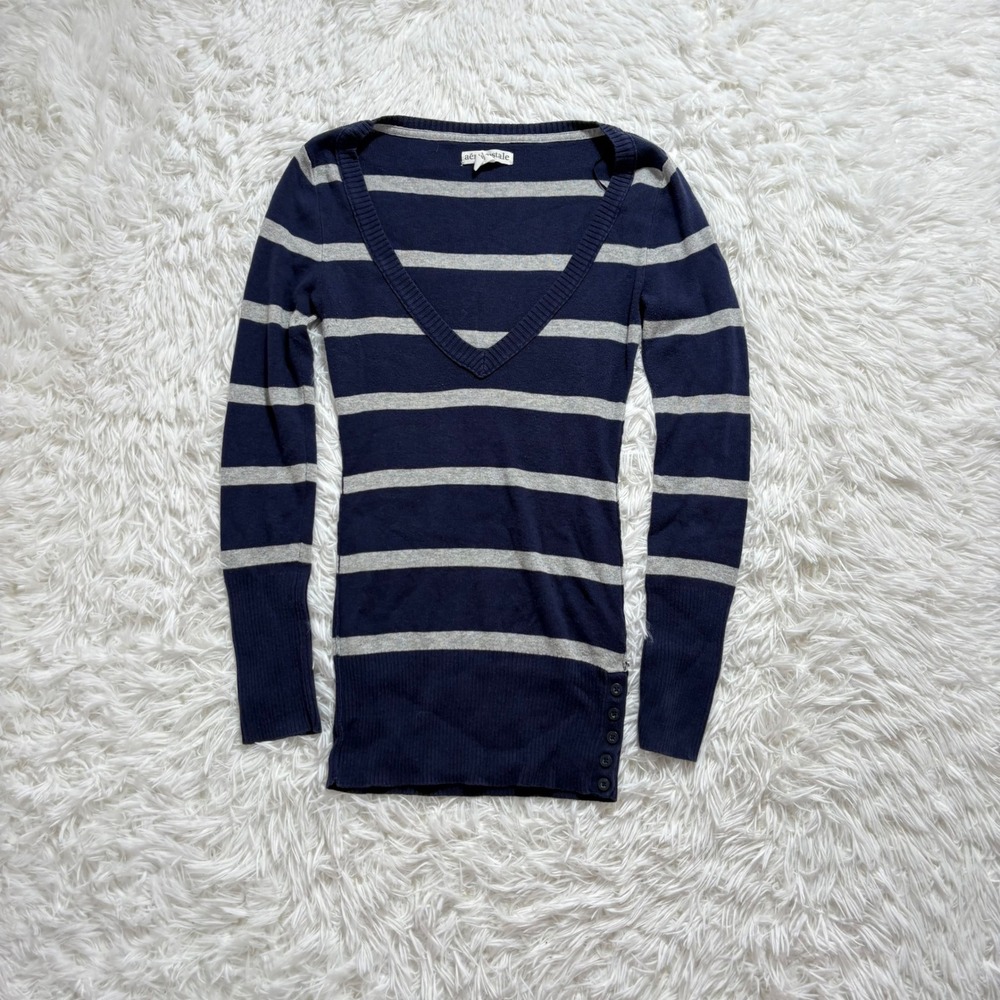 y2k vintage aeropostale navy blue & white striped v neck sweater small